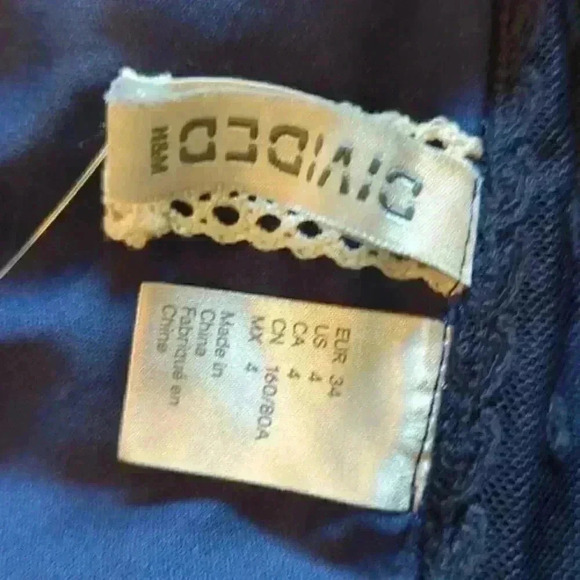 H&M Divided Navy Lace Dress waist detail sheer sleeve fitted asymmetrical hem - Picture 6 of 6